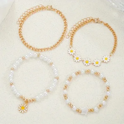 Stylish Mini Beaded & Pearl Chain Daisy Bracelets (4 pcs)